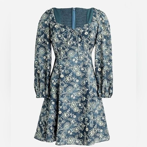 J.Crew Smocked Floral Square Neck Long Sleeve Mini Dress Women Size 8